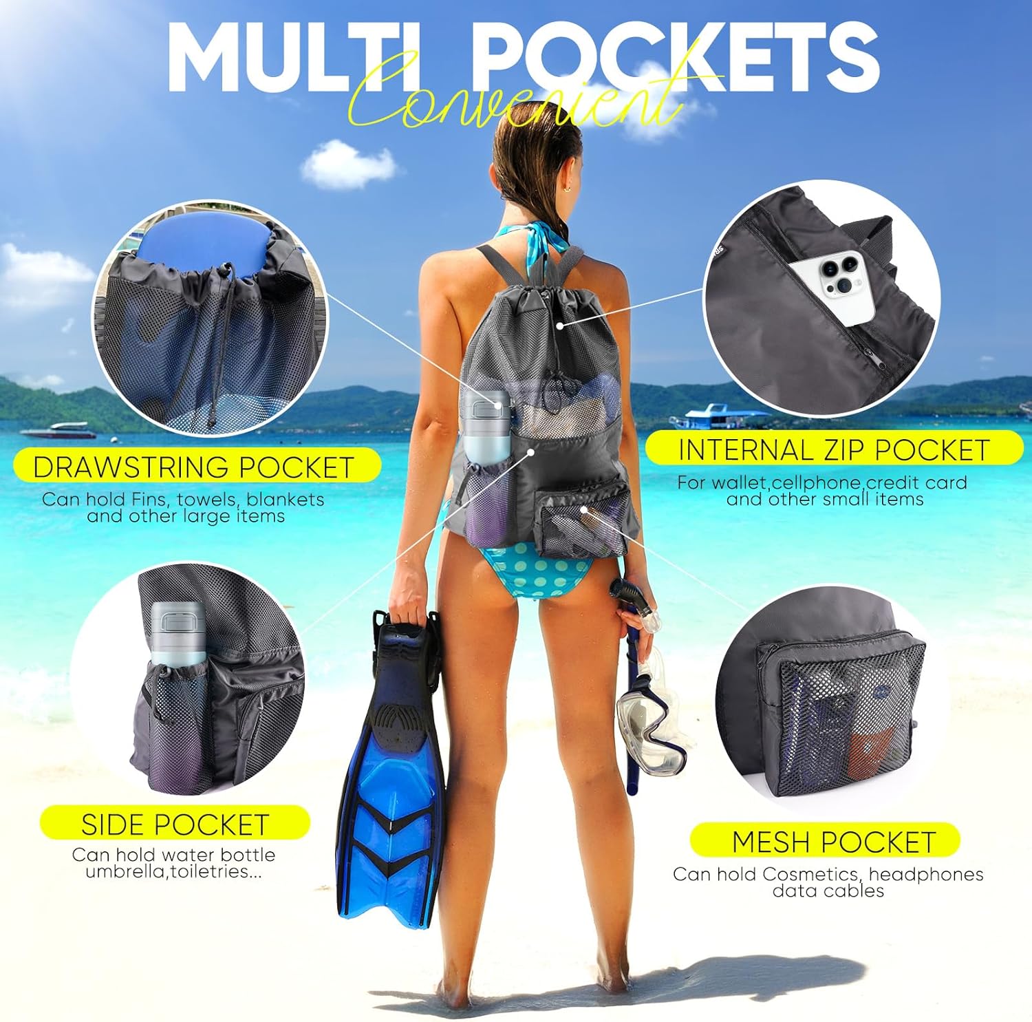 Swim Mesh Beach Bag, Waterproo - Drawstring Gym Bag のレビューと価格
