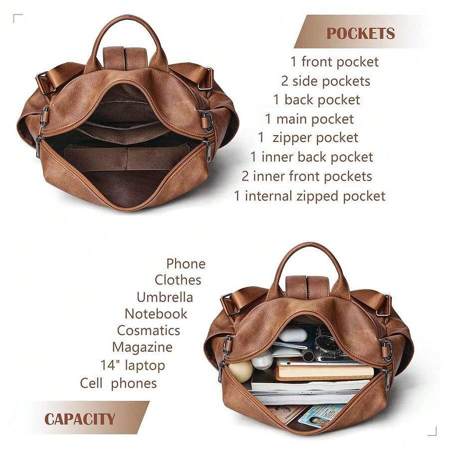 Women Fashion Vintage Brown PU - Laptop Backpack 15.6 のレビューと価格