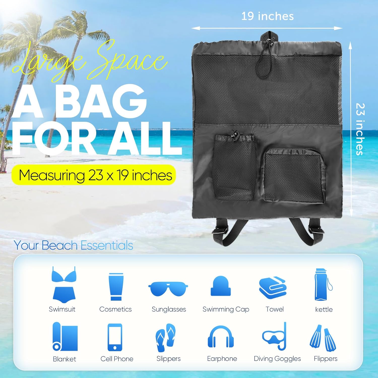 Swim Mesh Beach Bag, Waterproo - Drawstring Gym Bag のレビューと価格