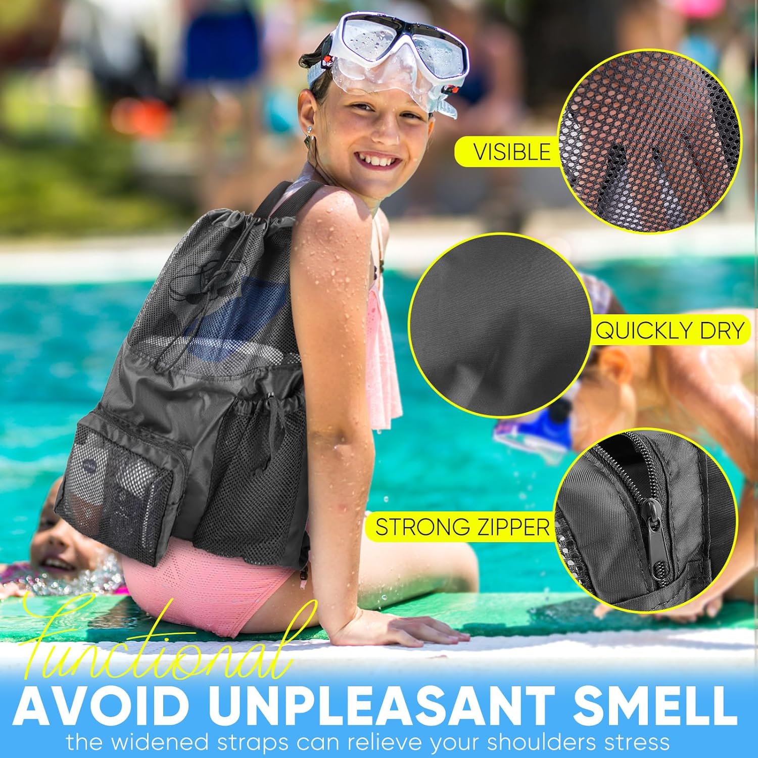 Swim Mesh Beach Bag, Waterproo - Drawstring Gym Bag のレビューと価格